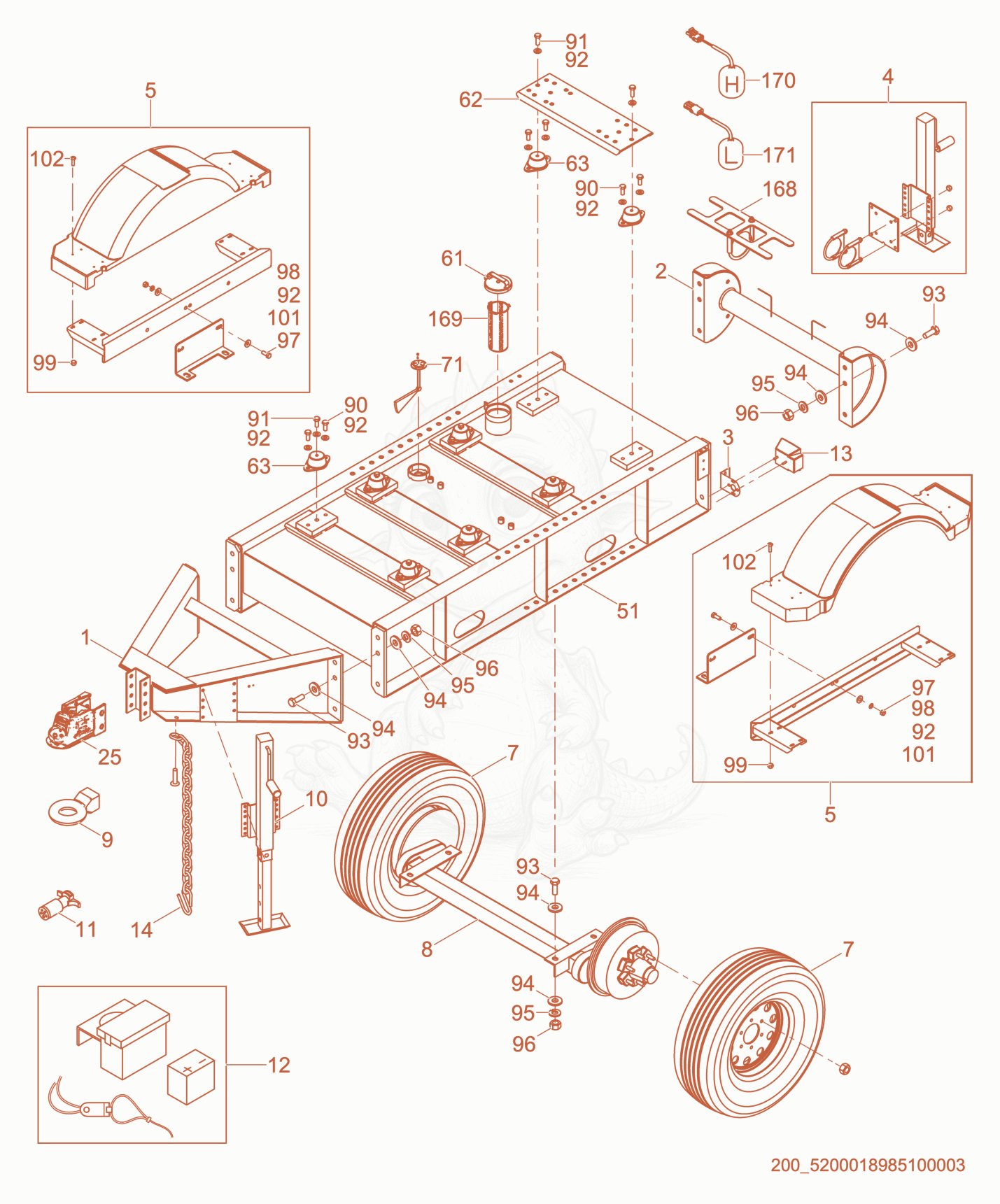 Exploded parts diagram of the Trailer cpl. of a Wacker Neuson APT8T, with numbered balloons
