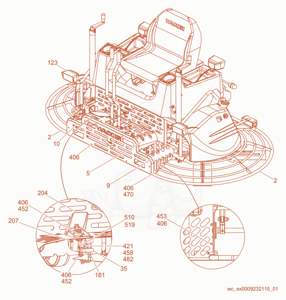 Exploded parts diagram of the Machine cpl./Front View/Lights/Guards of a Wacker Neuson CRT36-23K-H, with numbered balloons