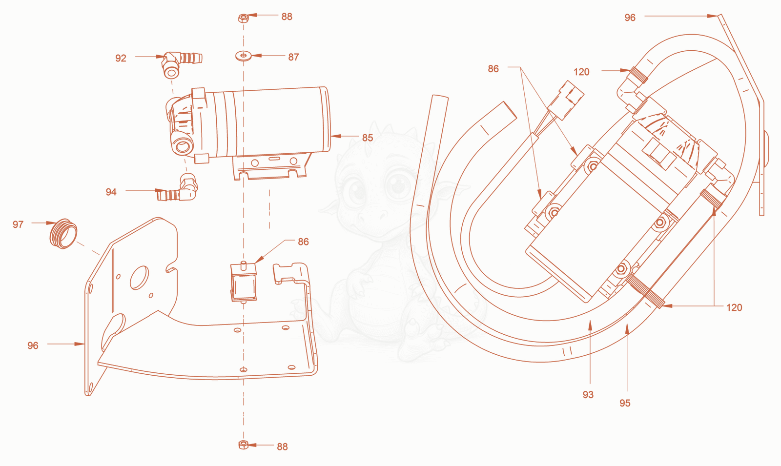 Exploded parts diagram of the sprinkling of a Wacker Neuson RD27-120O, with numbered balloons