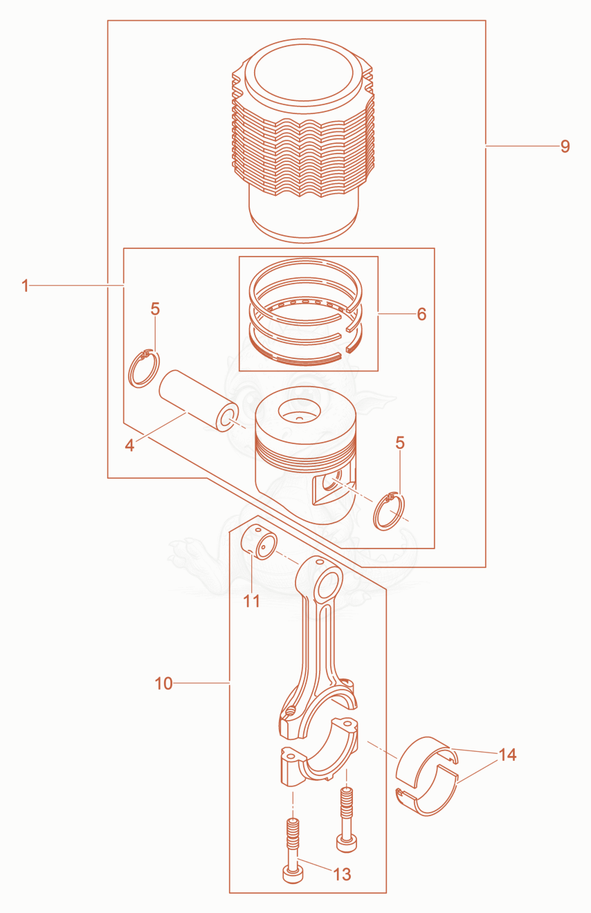 Exploded parts diagram of the Piston-Connecting Rod-Cylinder of a Wacker Neuson DPU4545HEHUS, with numbered balloons