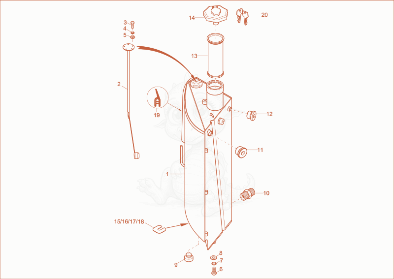 Exploded parts diagram of the fuel tank of a Wacker Neuson 6503-2, with numbered balloons