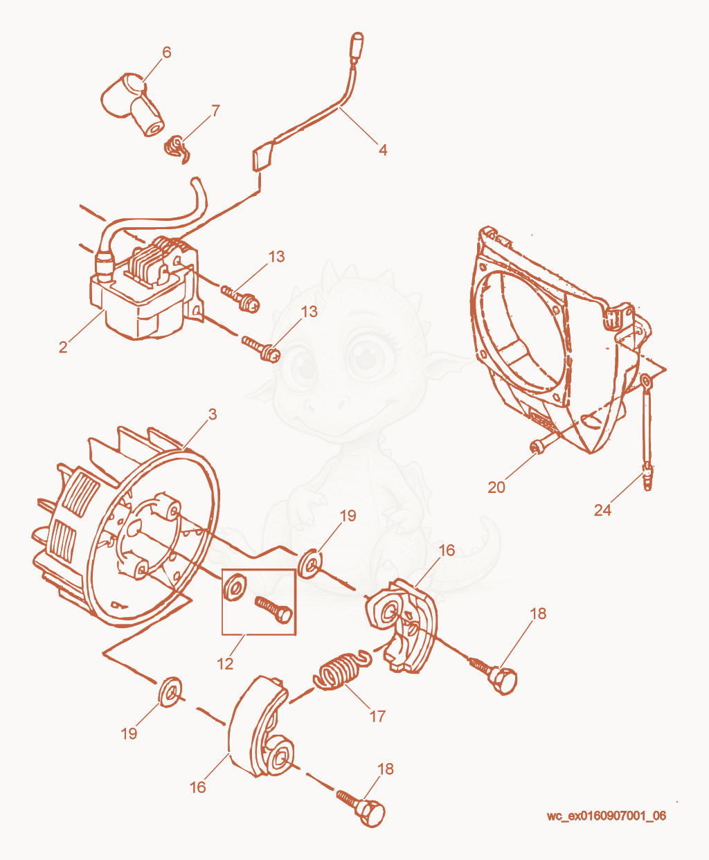 Despiece del Flywheel/Clutch de una máquina Wacker Neuson P35, con globos numerados