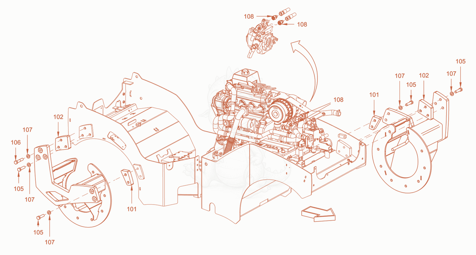 Exploded parts diagram of the mounting of a Wacker Neuson RD18-80, with numbered balloons