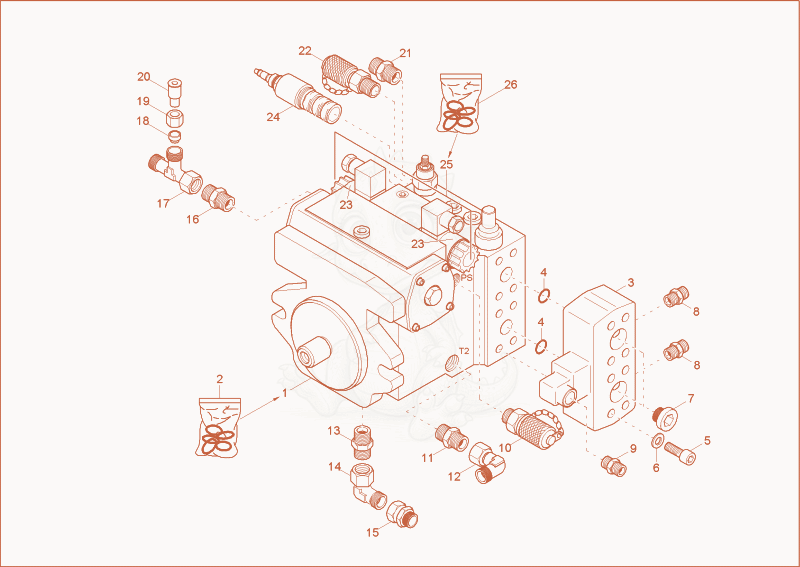 Exploded parts diagram of the displacement pump of a Wacker Neuson 1601, with numbered balloons