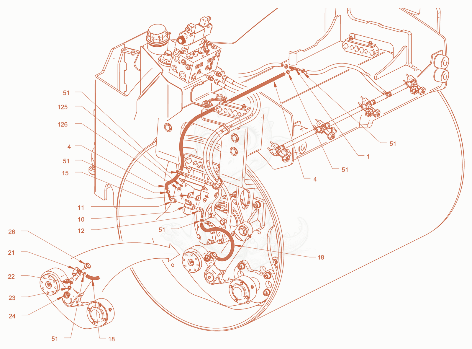 Exploded parts diagram of the edge pressing and cutting device of a Wacker Neuson RD45-140C, with numbered balloons