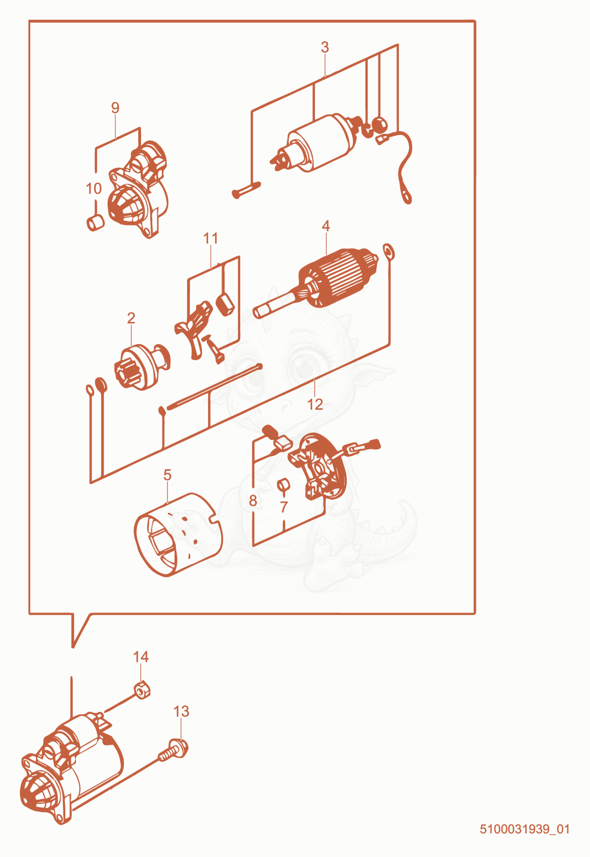 Exploded parts diagram of the Starter of a Wacker Neuson RD7YE, with numbered balloons