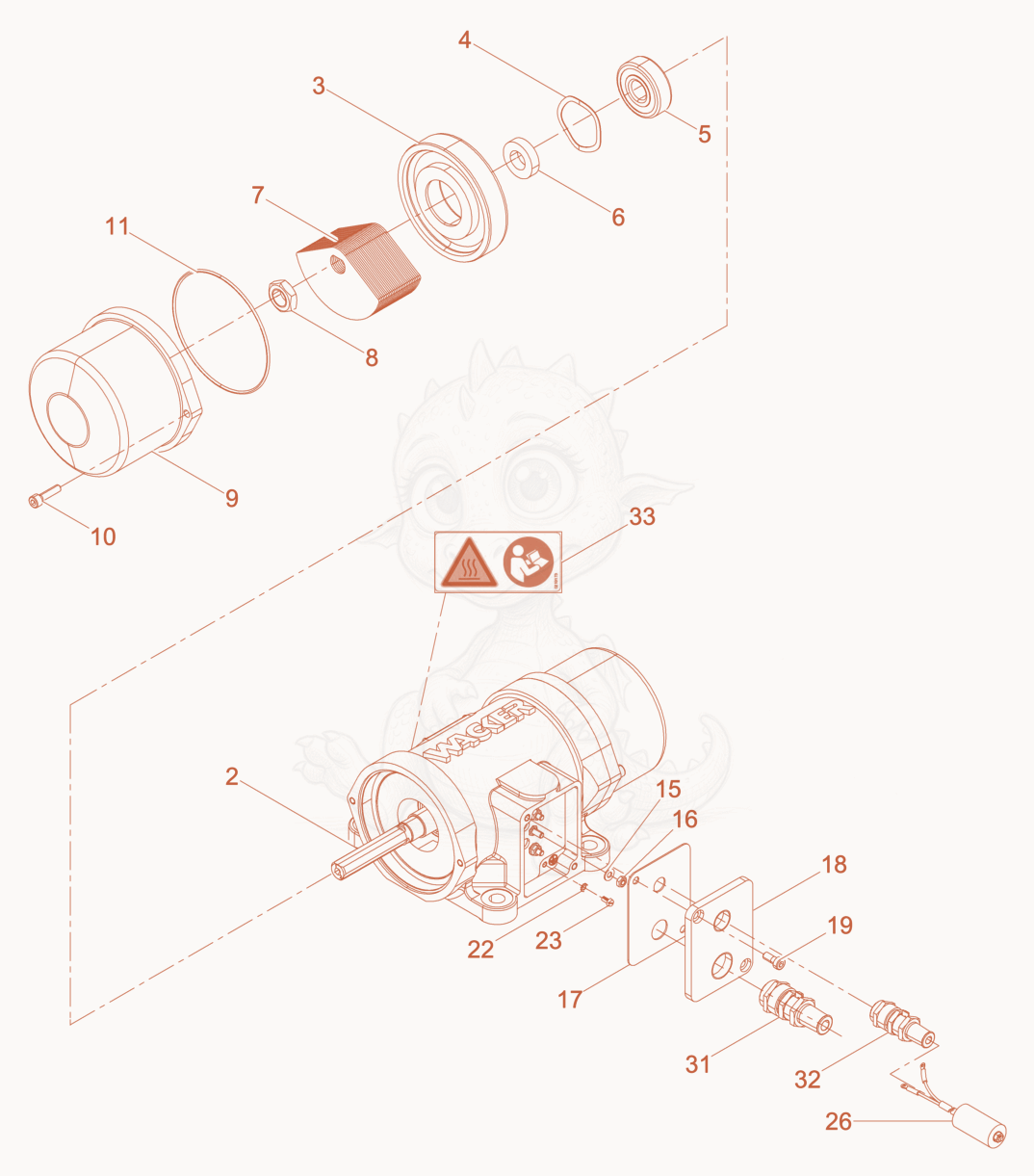 Exploded parts diagram of the External Vibrator cpl. of a Wacker Neuson AR26/3/230W, with numbered balloons