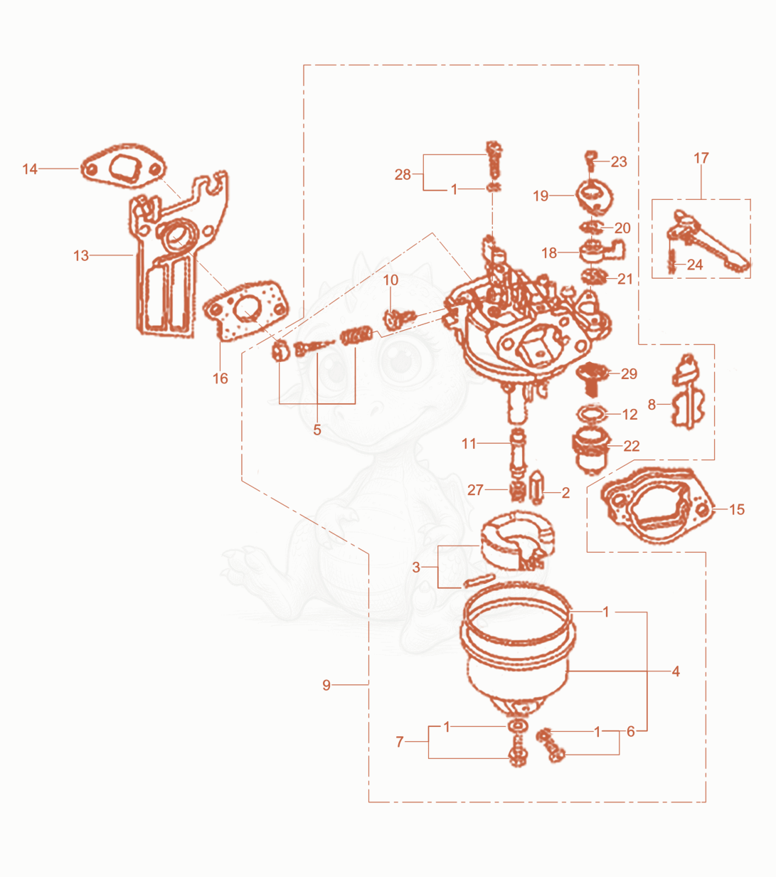 Despiece del Carburetor cpl. de una máquina Wacker Neuson WPU1550AW-CN, con globos numerados
