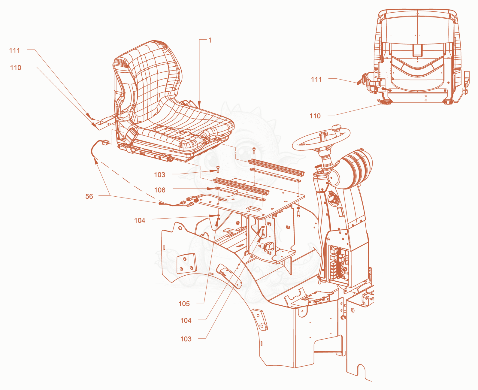 Exploded parts diagram of the operator's seat with adjustment of a Wacker Neuson RD18-80, with numbered balloons