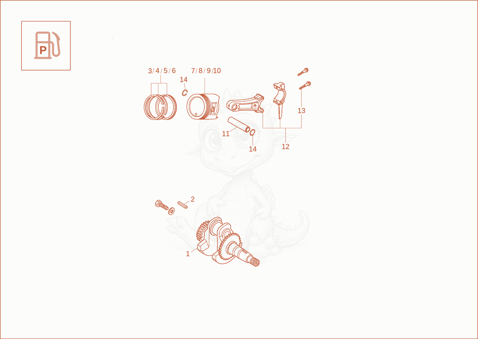 Exploded parts diagram of the crankshaft, piston of a Wacker Neuson DT05, with numbered balloons
