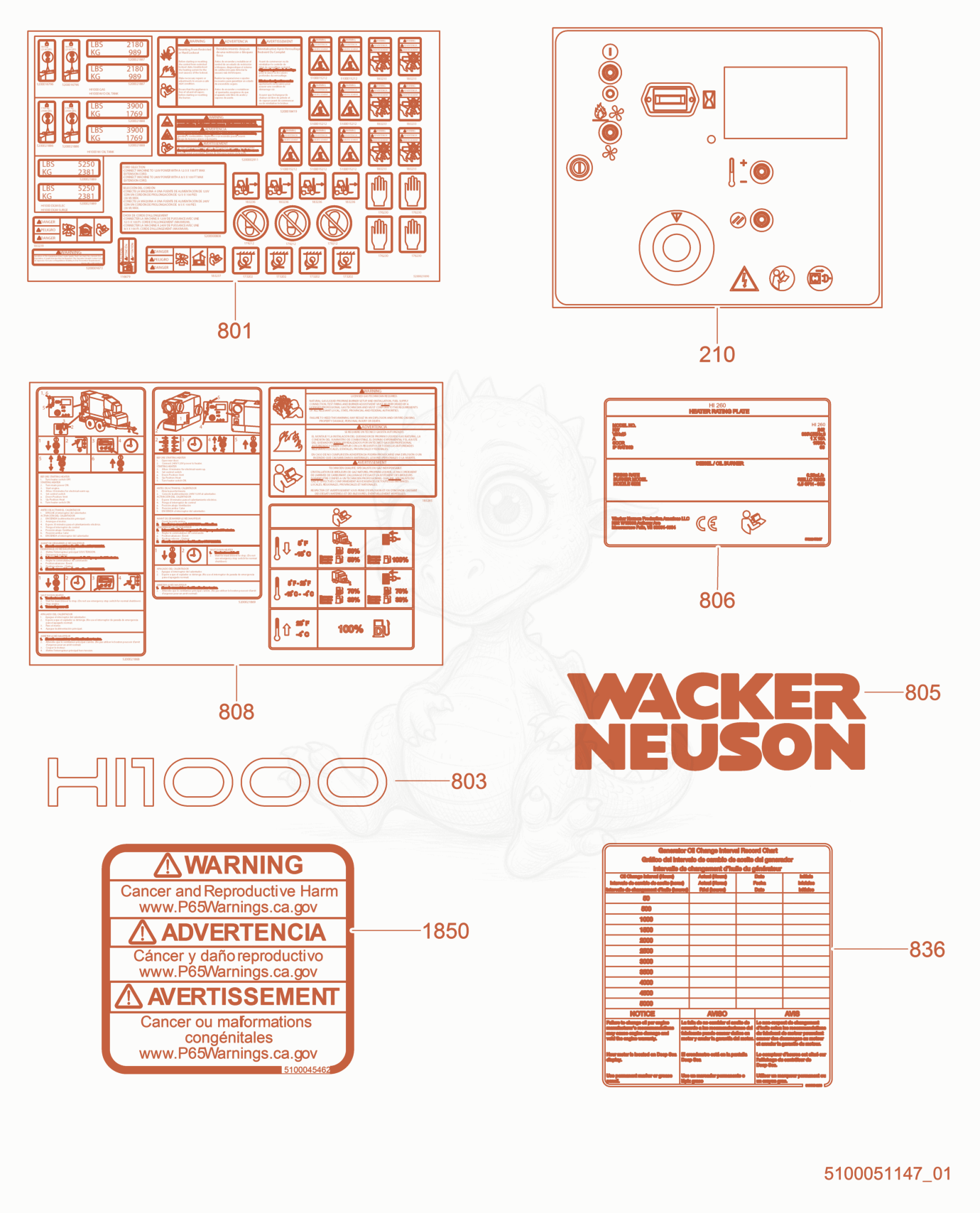 Exploded parts diagram of the Label Set of a Wacker Neuson HI1000DGM, with numbered balloons