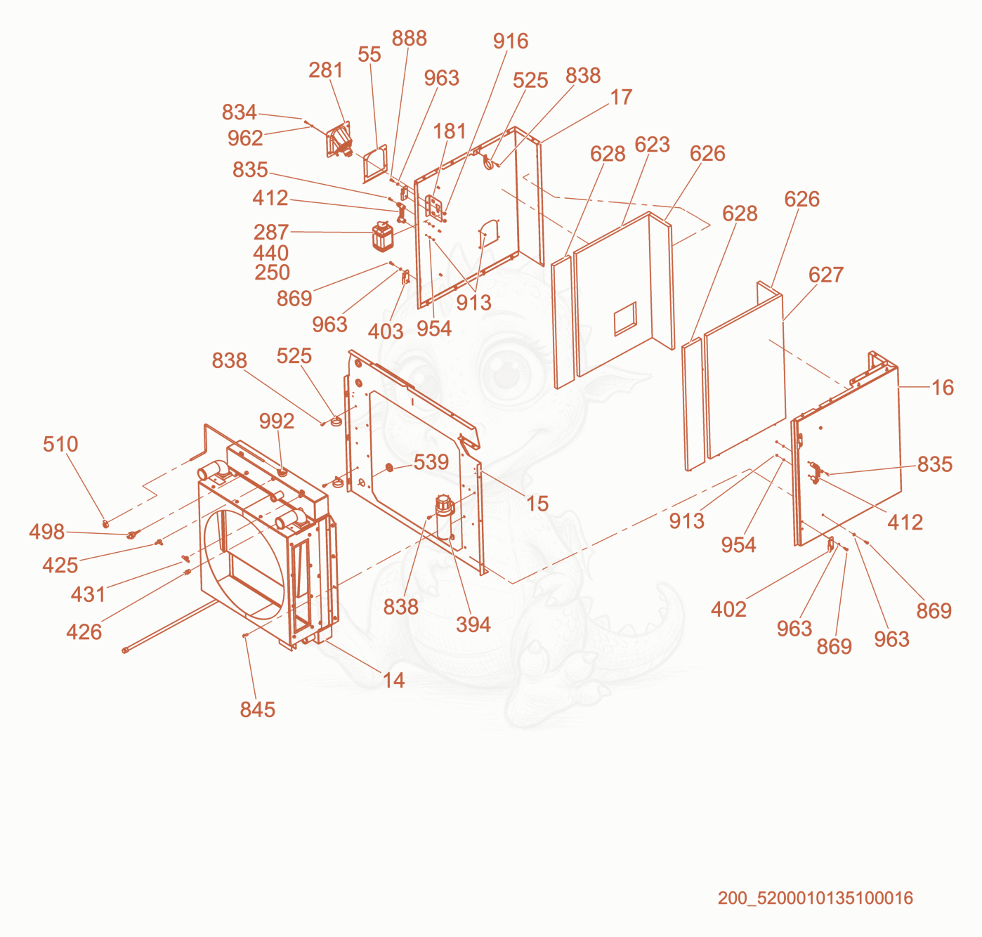 Exploded parts diagram of the Front Enclosure/Radiator of a Wacker Neuson G180, with numbered balloons