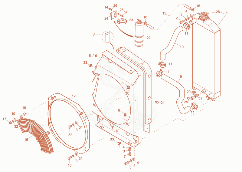 Exploded parts diagram of the water cooler of a Wacker Neuson EZ28, with numbered balloons