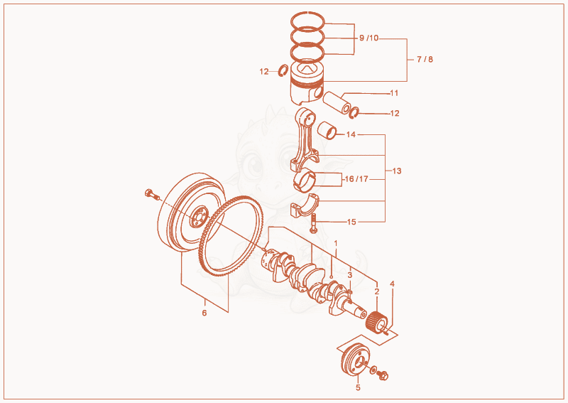 Exploded parts diagram of the crankshaft, piston of a Wacker Neuson 5001, with numbered balloons