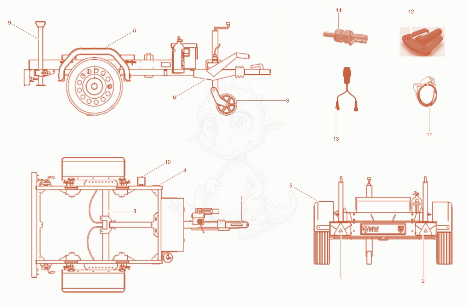Exploded parts diagram of the Trailer of a Wacker Neuson CB250, with numbered balloons
