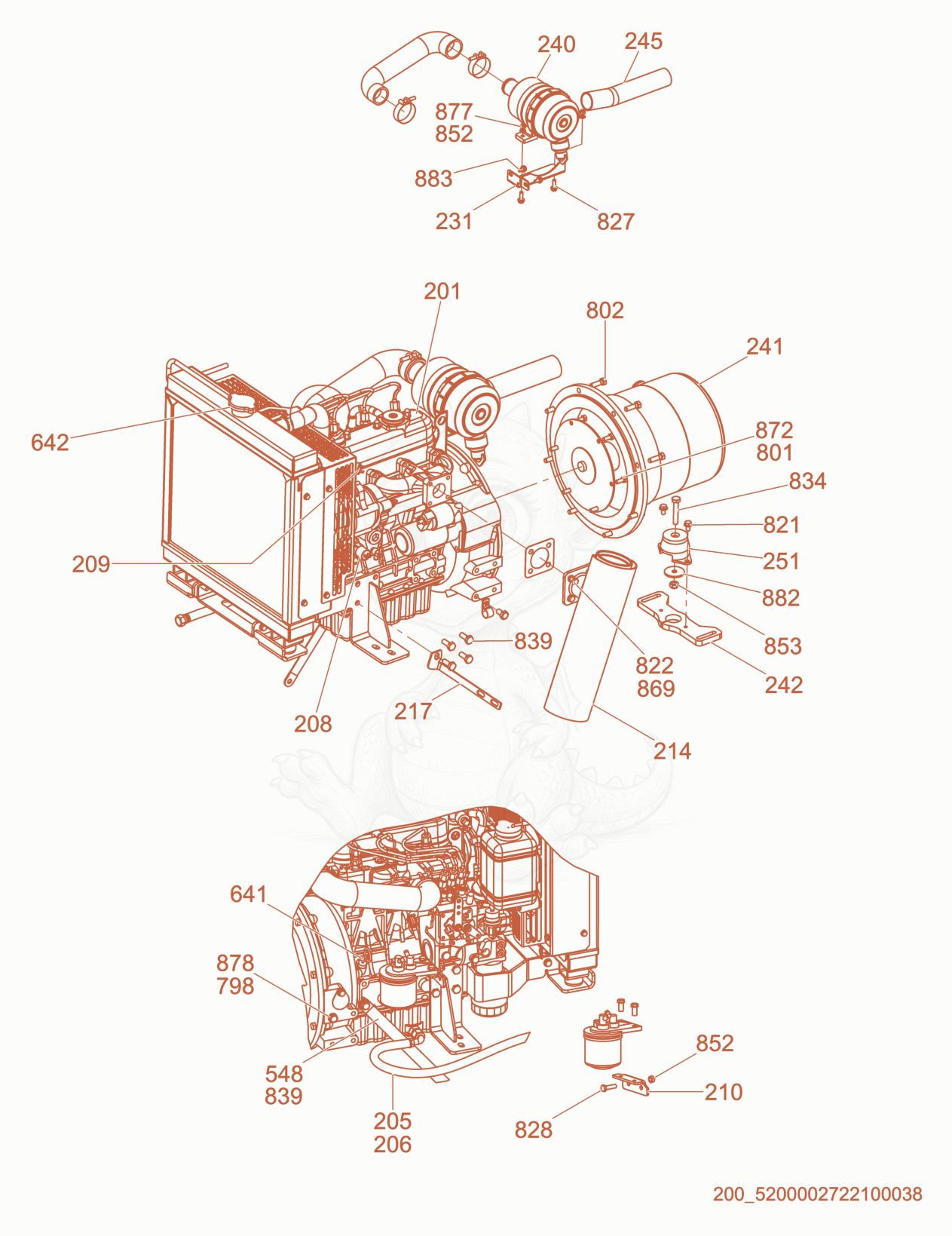 Exploded parts diagram of the Generator/Engine Support/Exhaust Pipe of a Wacker Neuson LTN6K-VS, with numbered balloons
