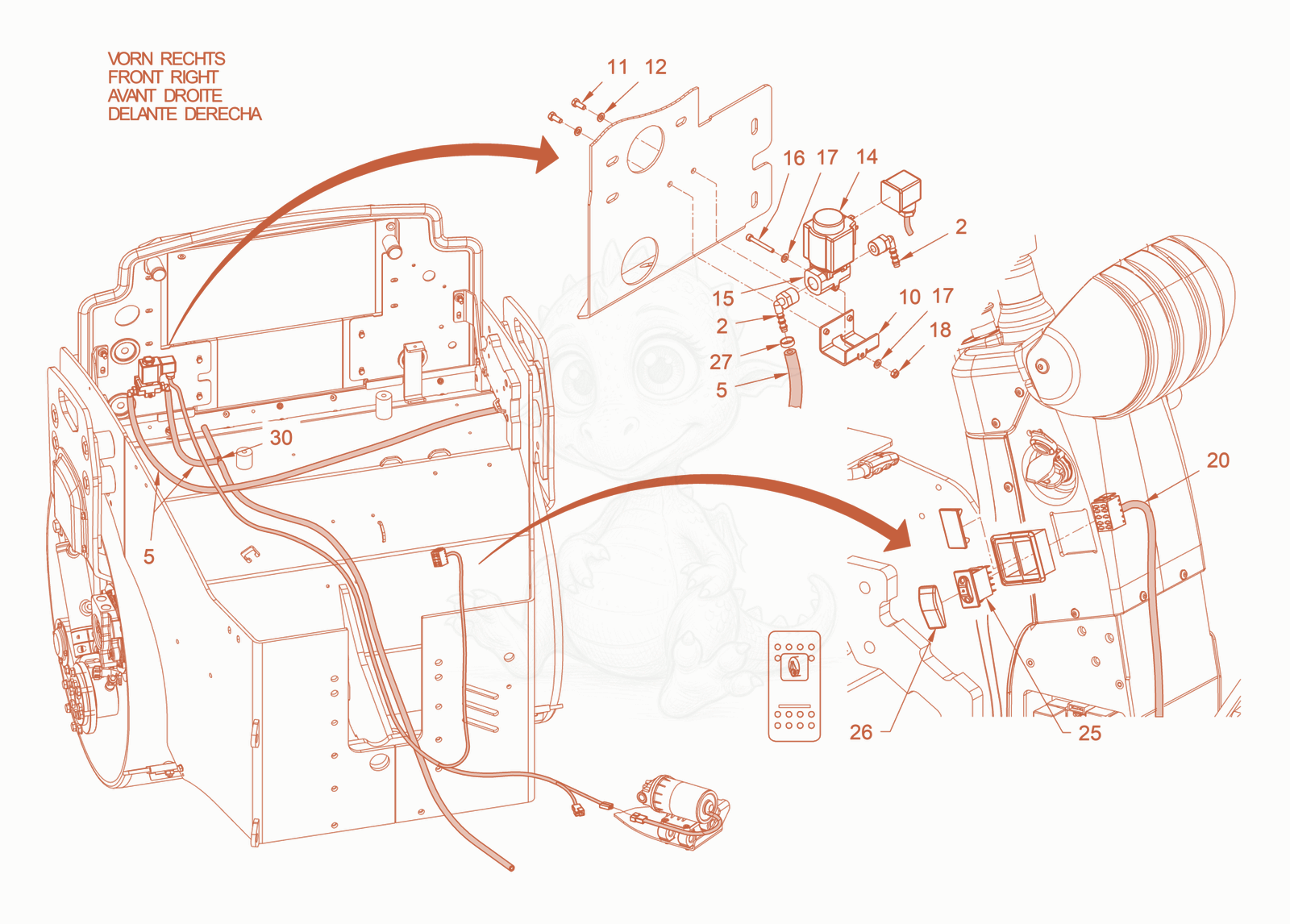 Exploded parts diagram of the sprinkling of a Wacker Neuson RD45-140.3, with numbered balloons