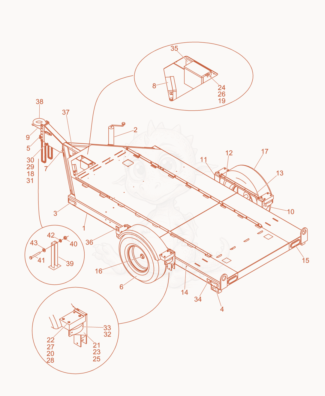 Exploded parts diagram of the Trailer cpl. of a Wacker Neuson ARCTICBEARHD, with numbered balloons