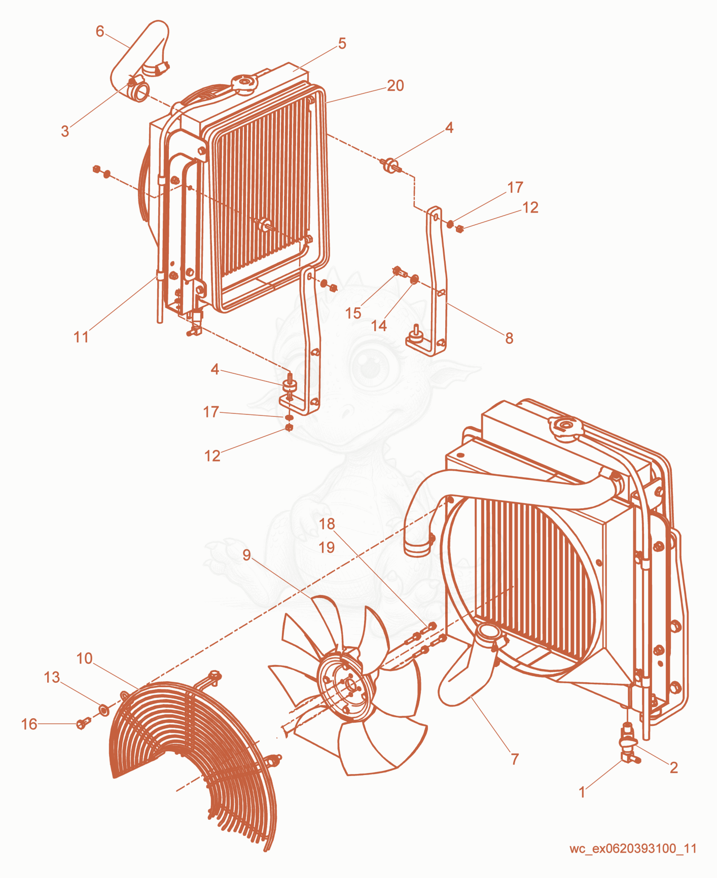 Exploded parts diagram of the Radiator cpl. of a Wacker Neuson RD27-120, with numbered balloons