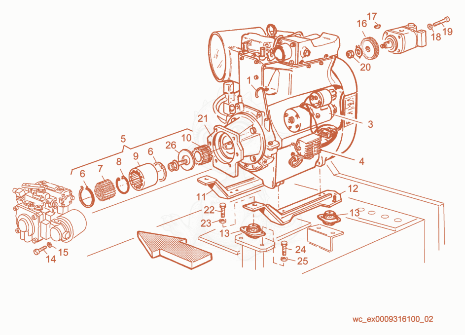 Exploded parts diagram of the Engine/Fittings of a Wacker Neuson RD15, with numbered balloons