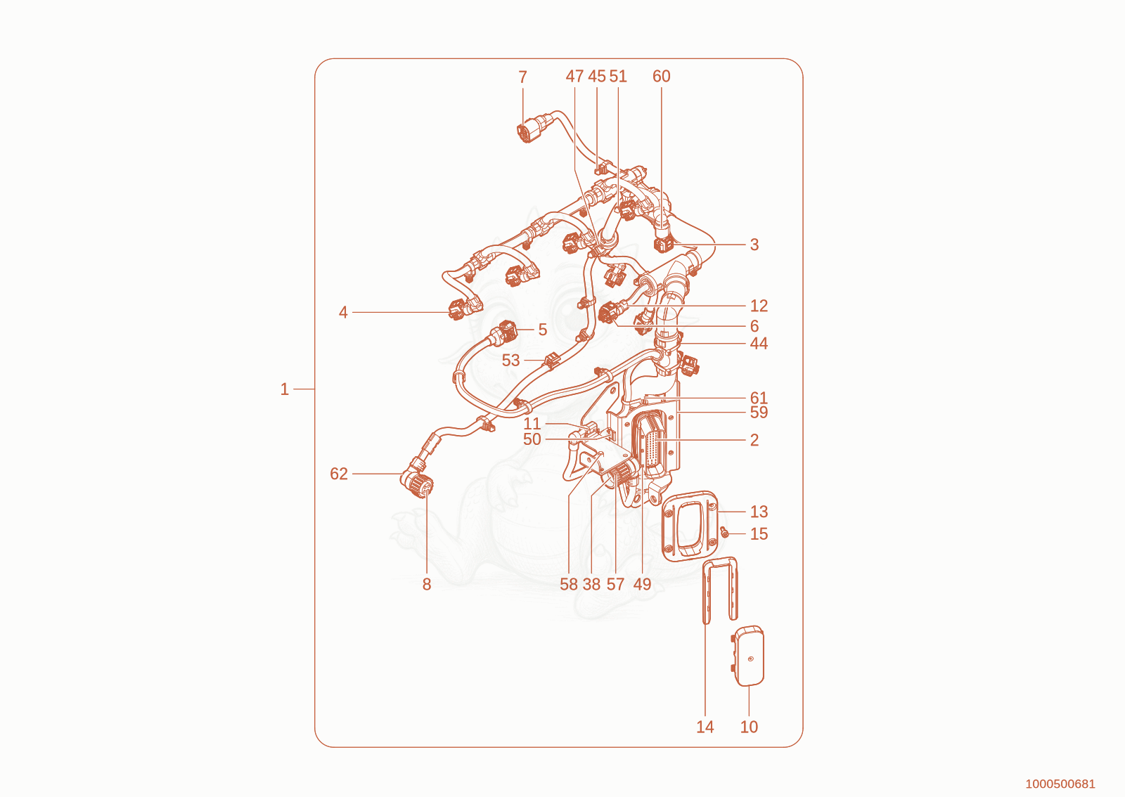 Exploded parts diagram of the wiring harness of a Wacker Neuson TH942(416-29), with numbered balloons