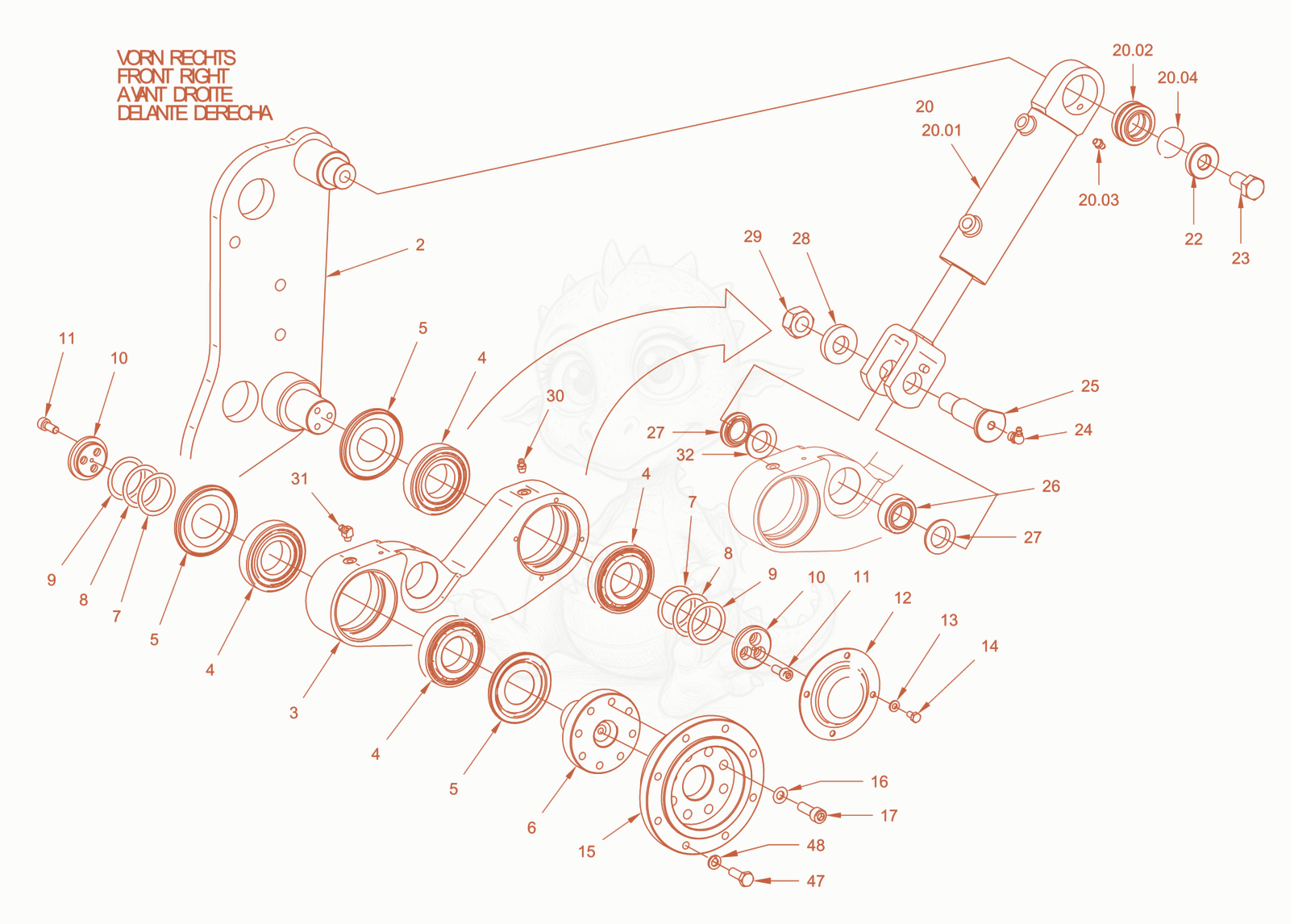 Exploded parts diagram of the edge pressing and cuttingdevice of a Wacker Neuson RD24-100C, with numbered balloons