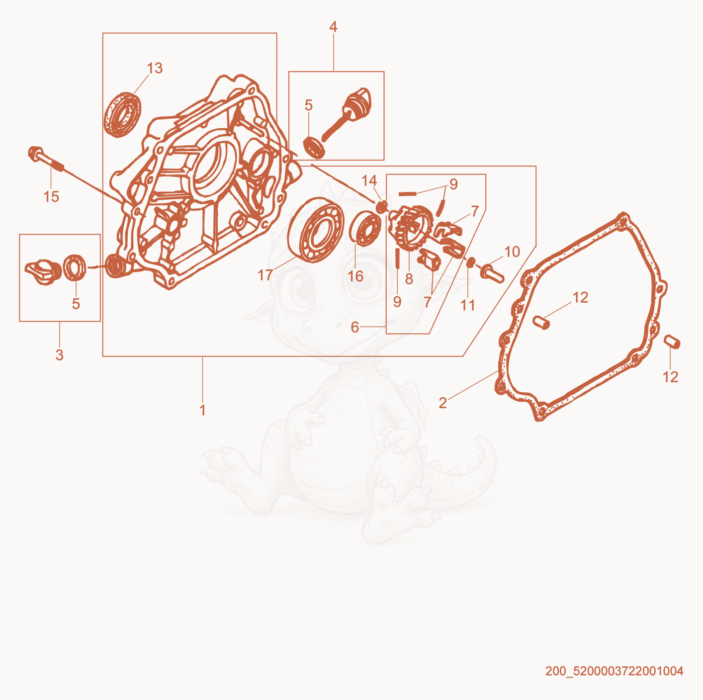 Despiece del Crankcase Cover de una máquina Wacker Neuson GV5600, con globos numerados