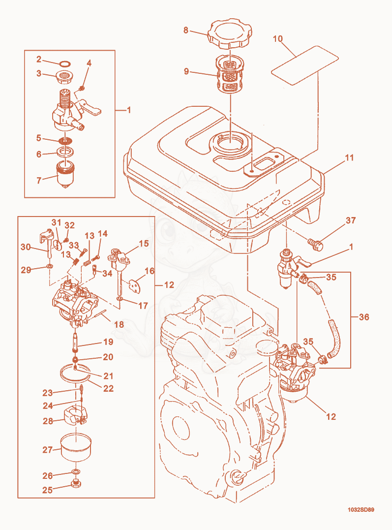 Exploded parts diagram of the Fuel Tank/Carburetor of a Wacker Neuson VPR1330, with numbered balloons