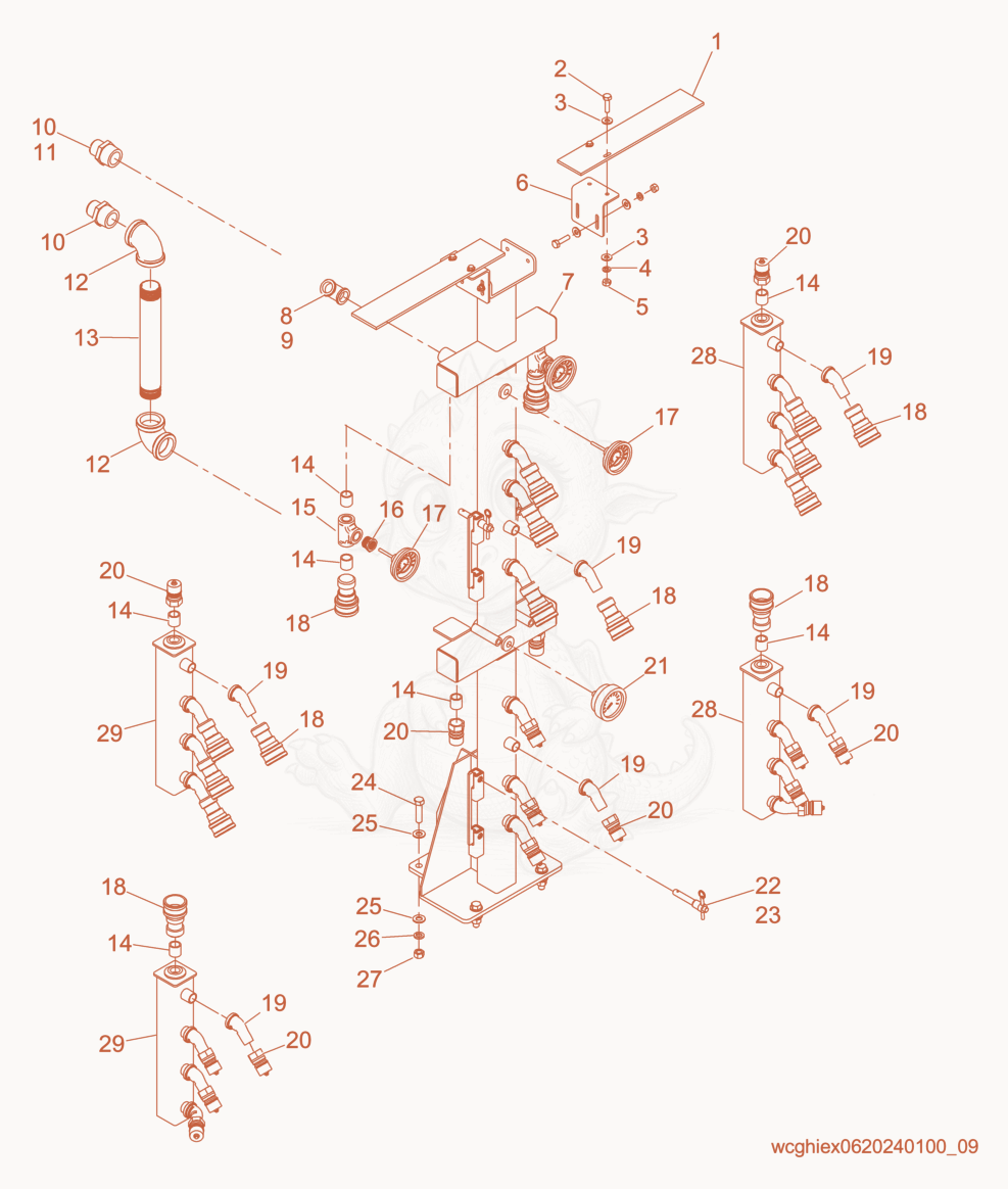 Exploded parts diagram of the Manifold cpl. of a Wacker Neuson CH5000, with numbered balloons