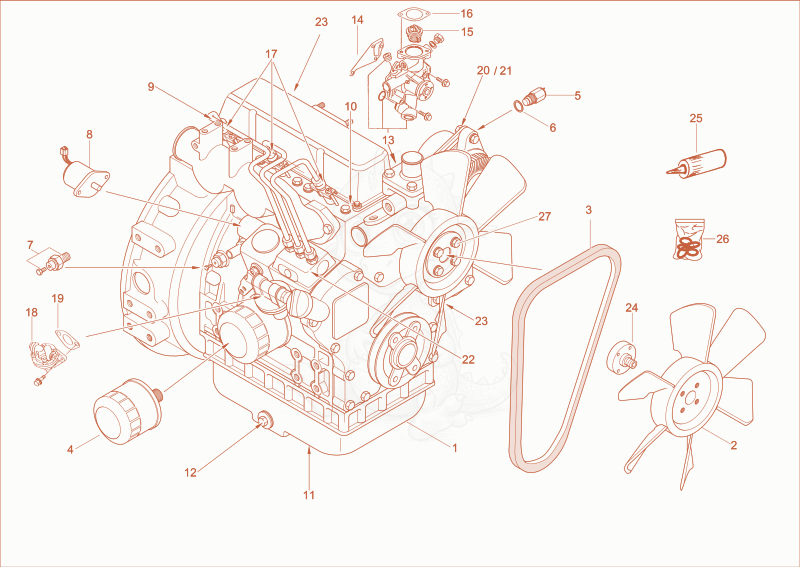 Exploded parts diagram of the diesel engine of a Wacker Neuson 2003, with numbered balloons