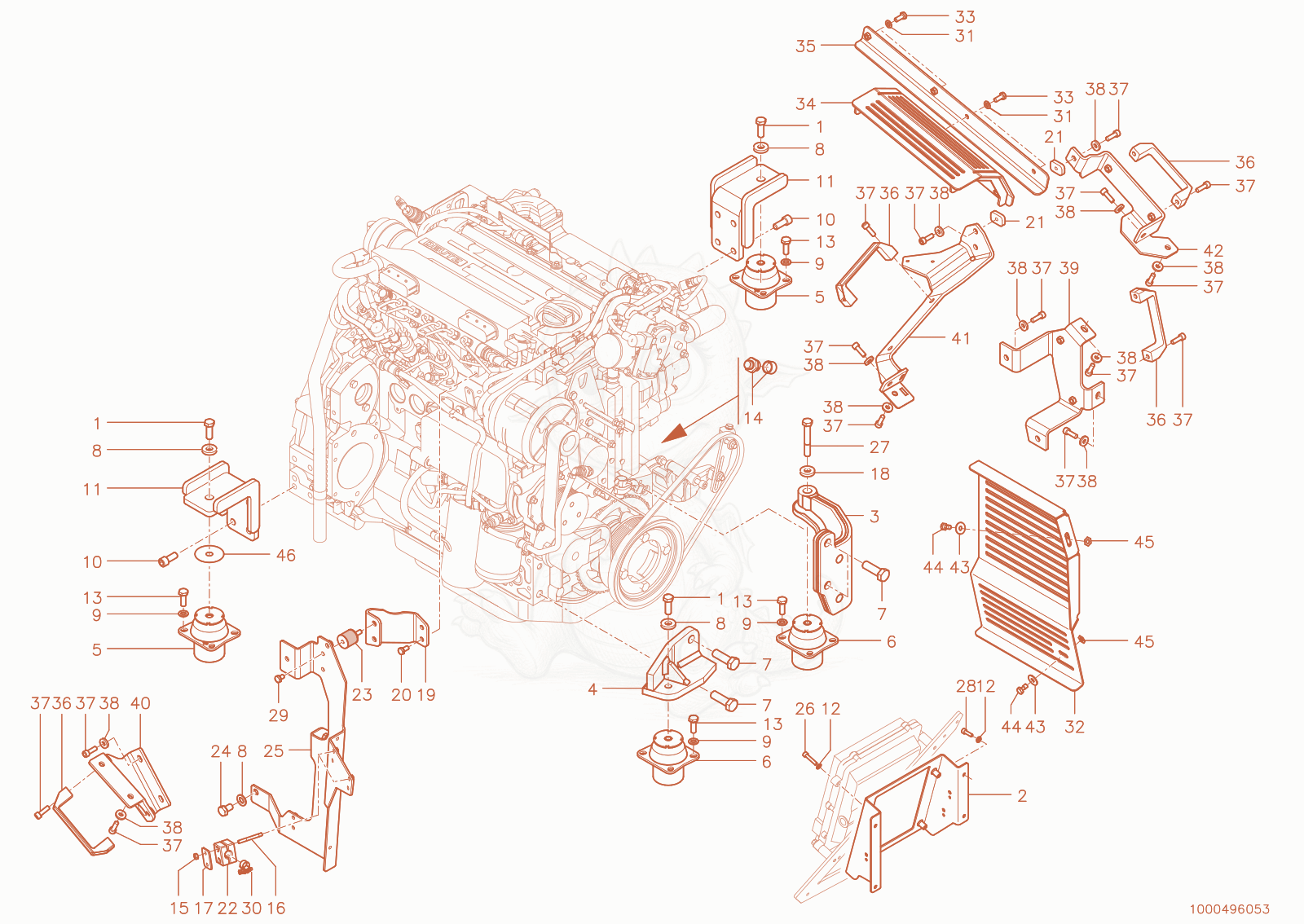 Exploded parts diagram of the Engine bedding of a Wacker Neuson WL95(R90-02), with numbered balloons