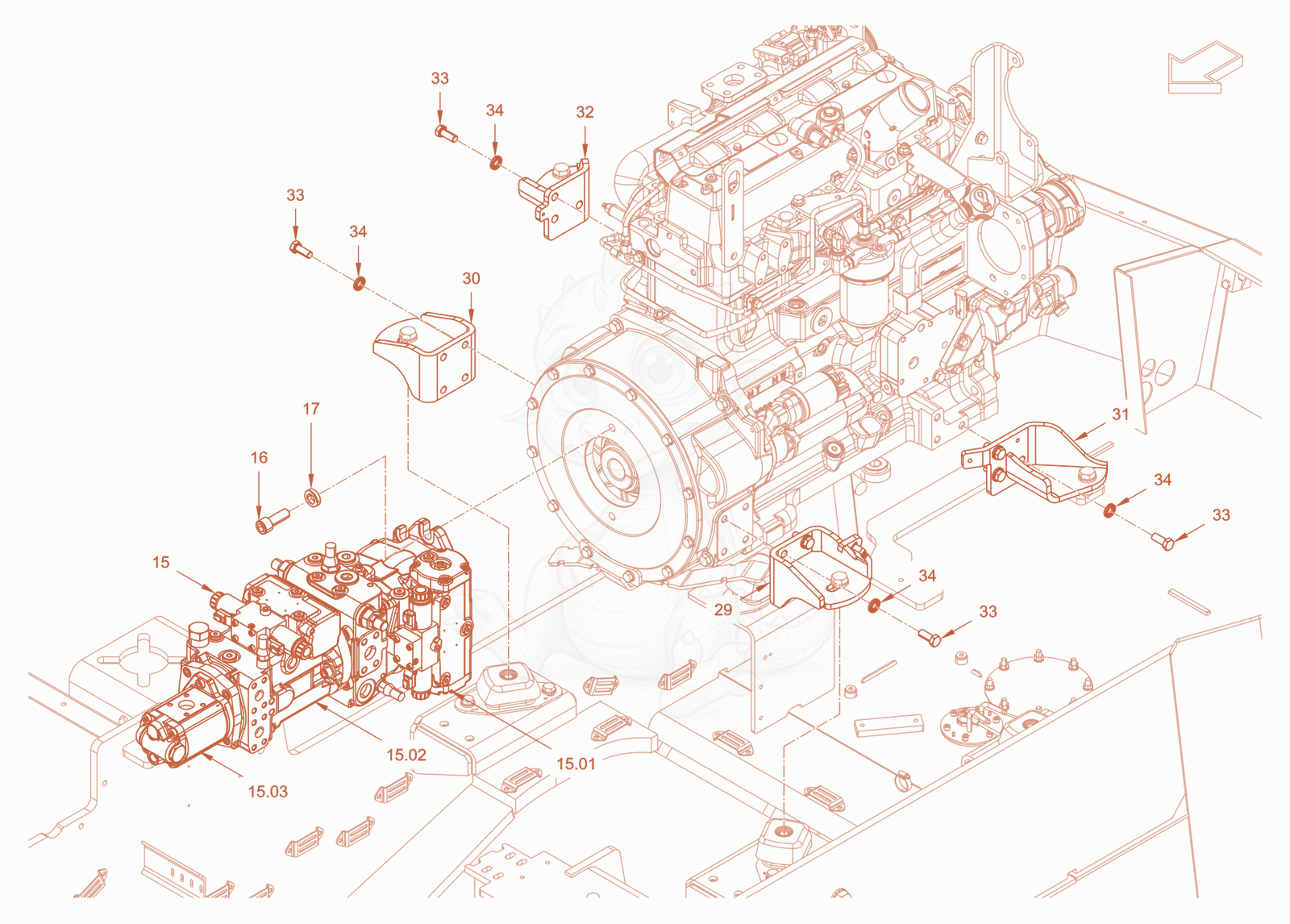 Exploded parts diagram of the pump drive and engine assembly of a Wacker Neuson RC110CAB, with numbered balloons