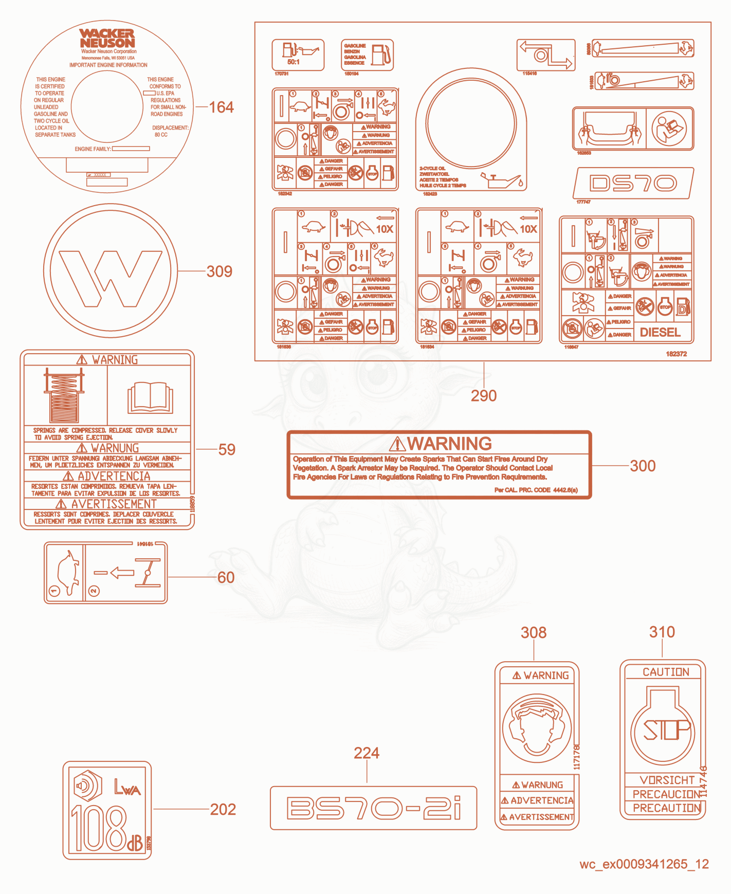 Despiece del Labels de una máquina Wacker Neuson BS70-2I, con globos numerados