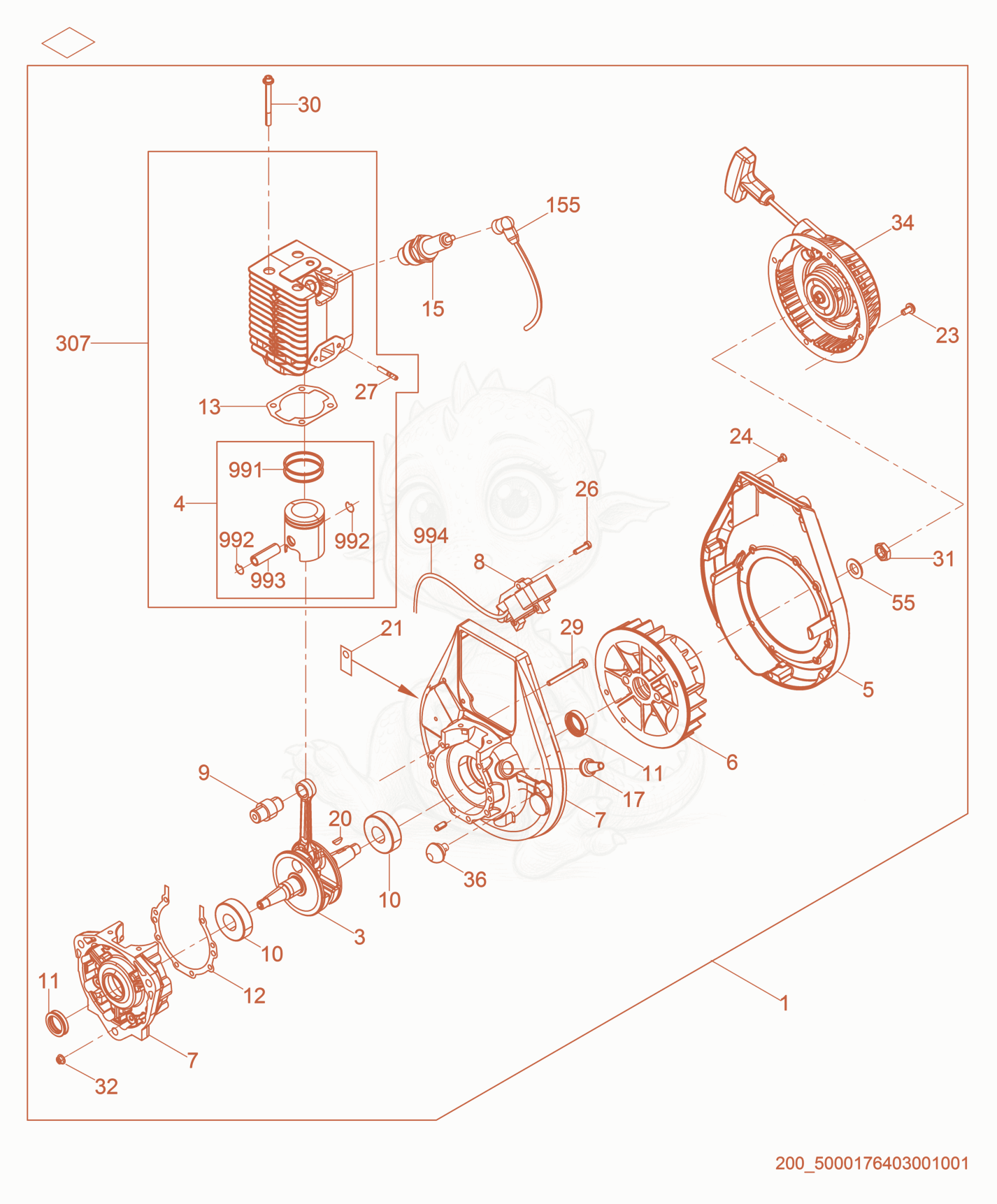 Exploded parts diagram of the Engine-WM 80 of a Wacker Neuson MS52, with numbered balloons