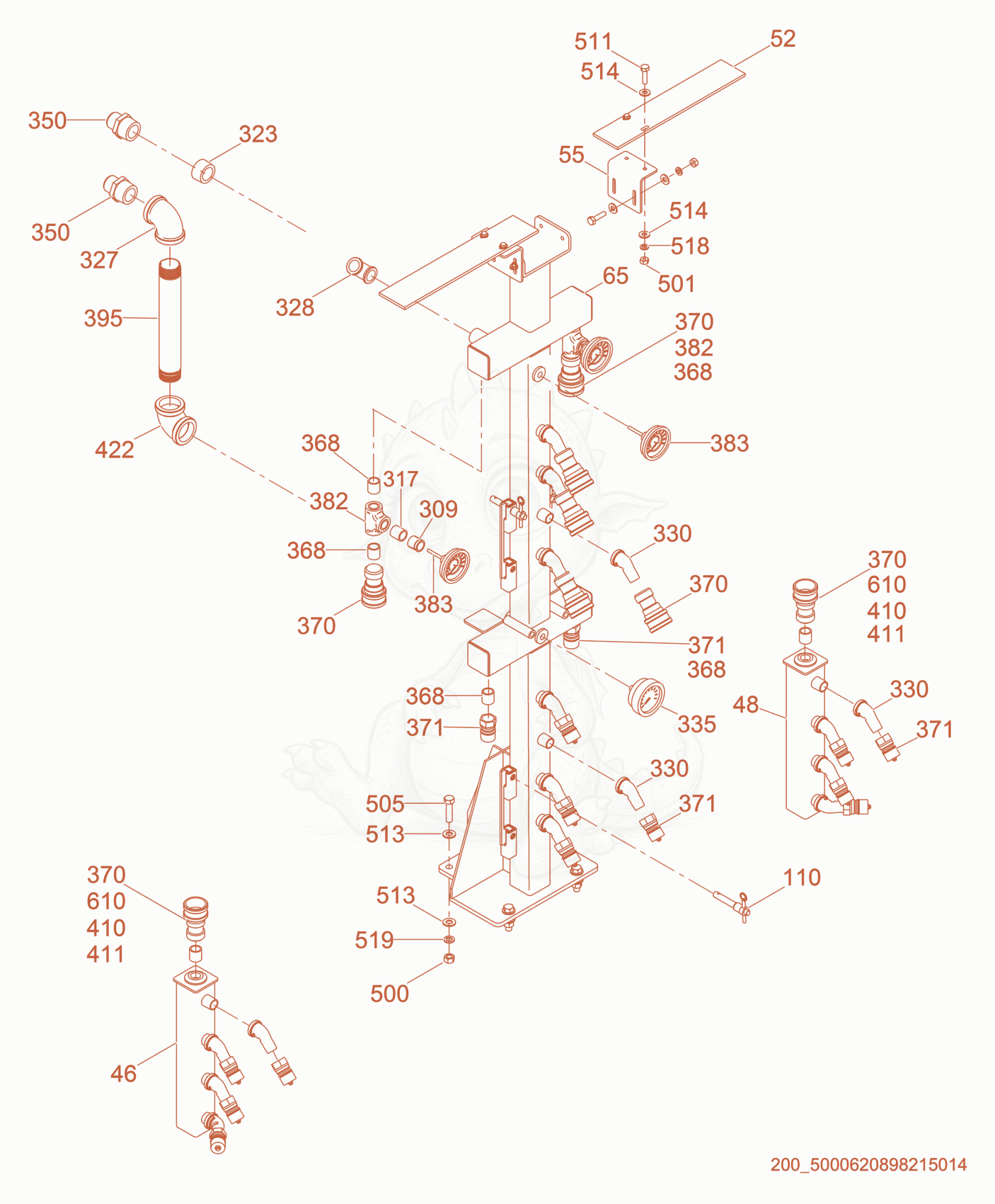 Exploded parts diagram of the Manifold cpl. of a Wacker Neuson E5000, with numbered balloons