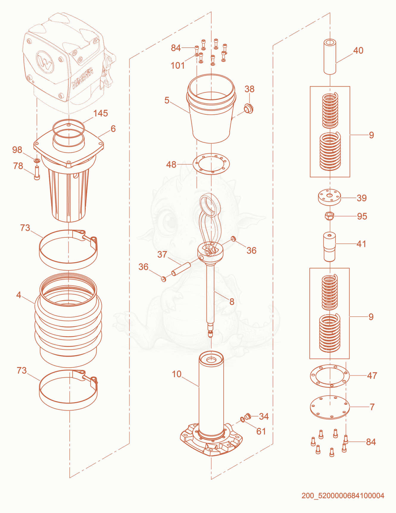 Exploded parts diagram of the Guide Cylinder cpl. of a Wacker Neuson BS70-2, with numbered balloons