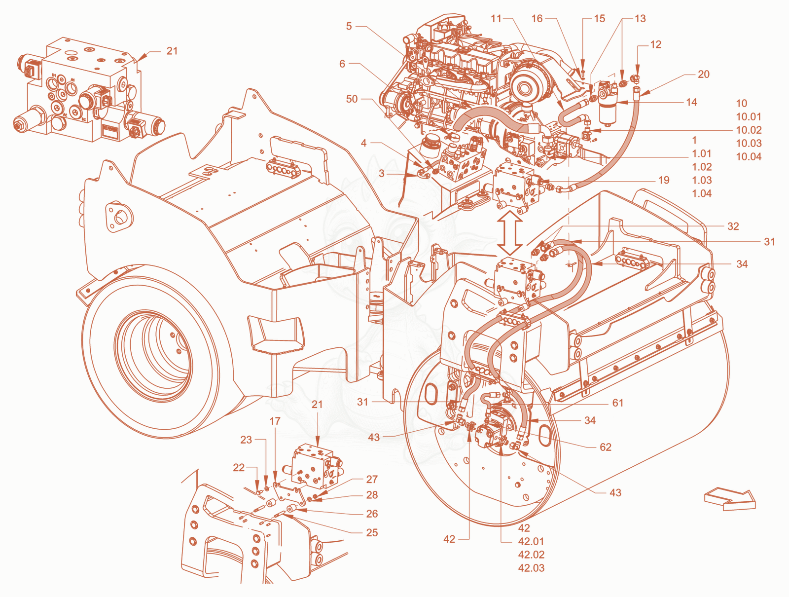 Exploded parts diagram of the vibration drive of a Wacker Neuson RD40-130C.3, with numbered balloons