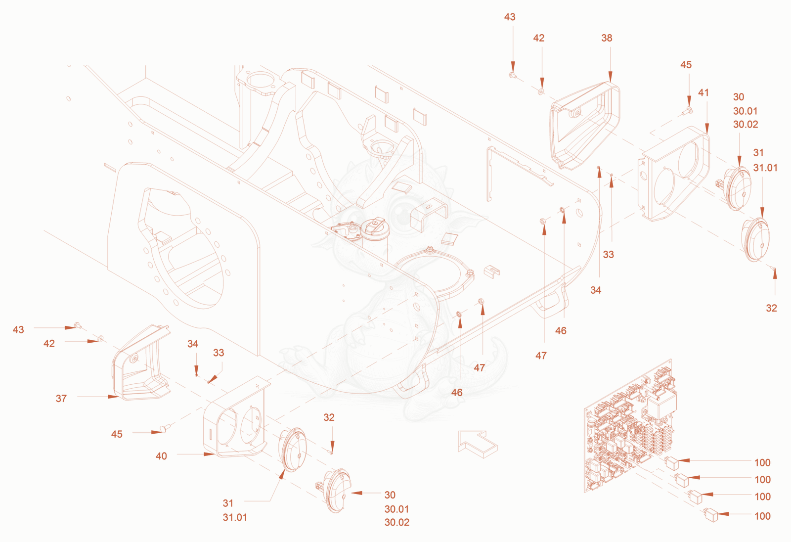 Exploded parts diagram of the electrical system lighting of a Wacker Neuson RC70P, with numbered balloons