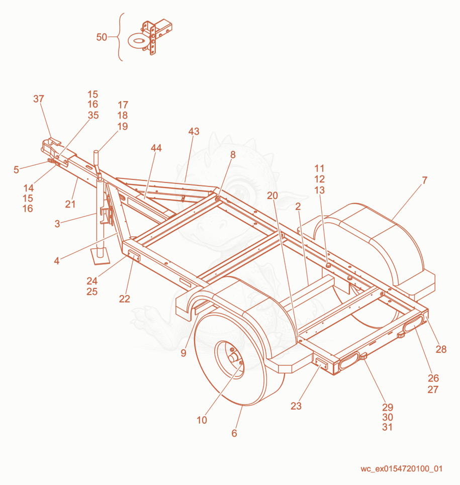 Exploded parts diagram of the Trailer Frame w/No Brake of a Wacker Neuson G25, with numbered balloons