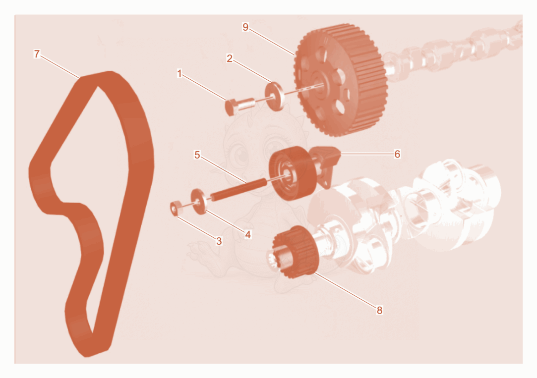 Exploded parts diagram of the timing belt of a Wacker Neuson DPU80LEM770, with numbered balloons