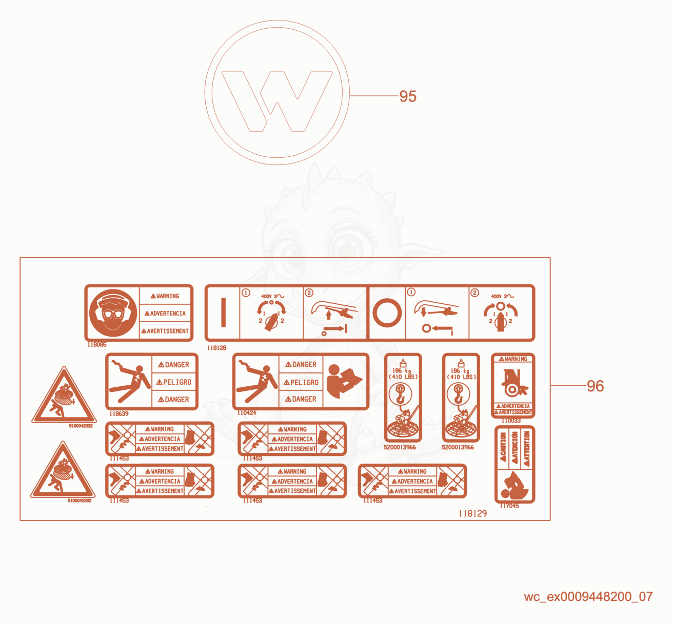 Exploded parts diagram of the Labels of a Wacker Neuson CT36-400E, with numbered balloons