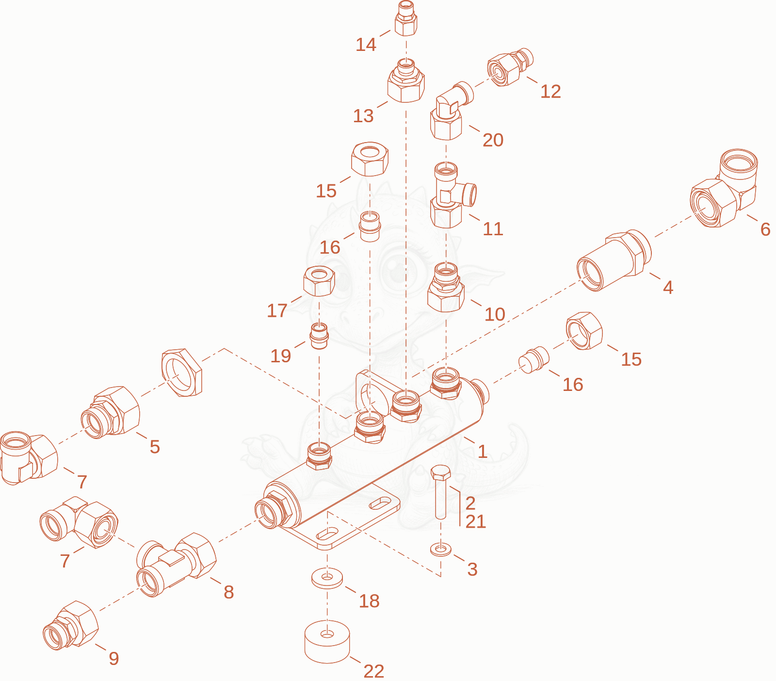 Exploded parts diagram of the pipe line backflow of a Wacker Neuson TH522STAGEV, with numbered balloons
