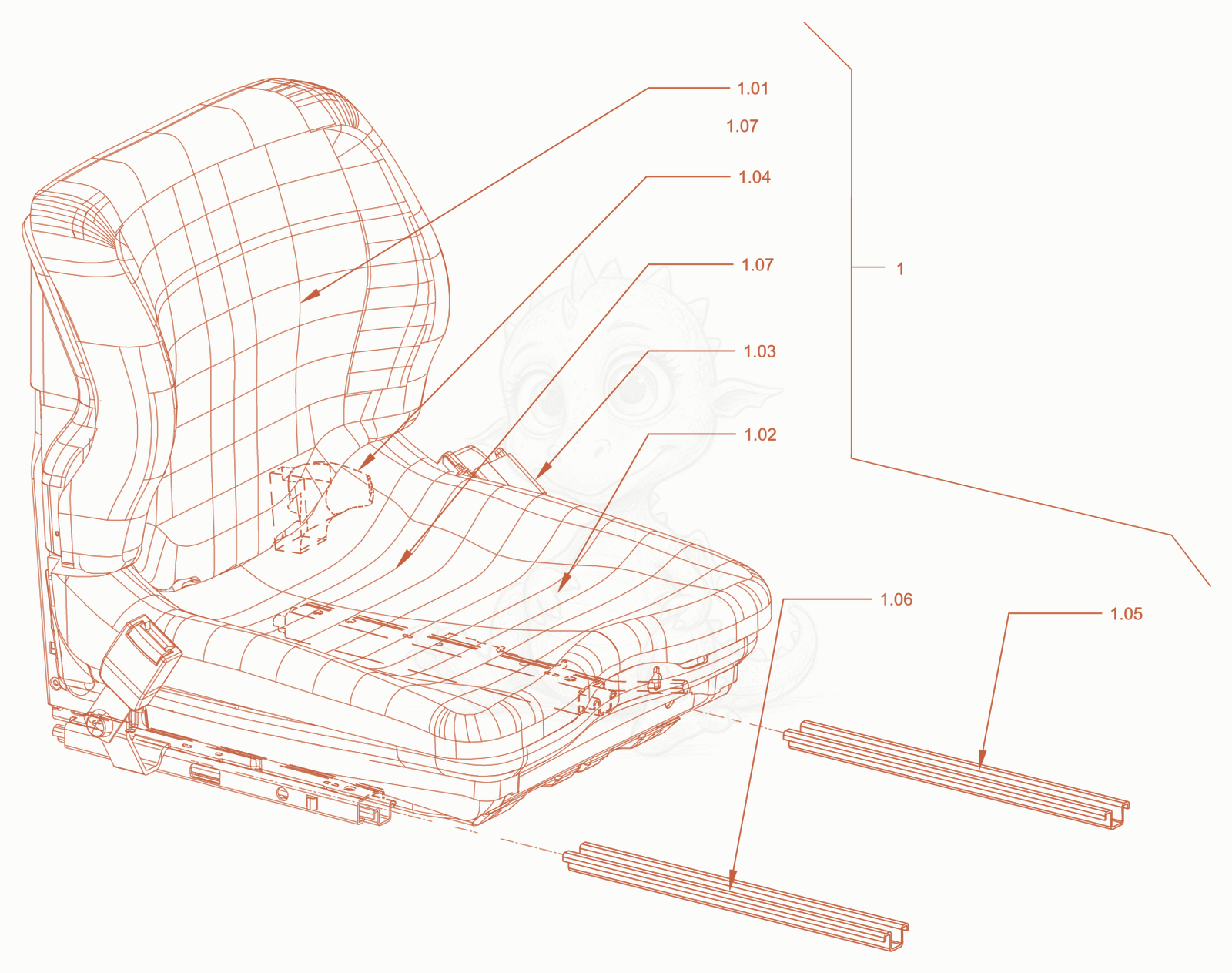 Exploded parts diagram of the operator's seat withadjustment of a Wacker Neuson RD24-100CE, with numbered balloons
