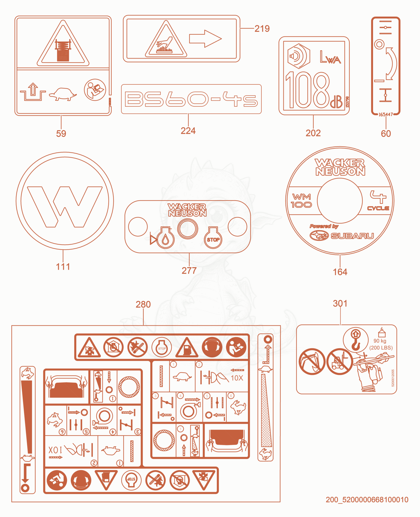 Despiece del Labels de una máquina Wacker Neuson BS60-4S, con globos numerados