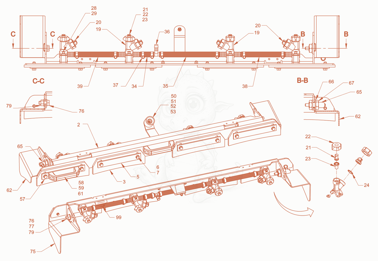 Exploded parts diagram of the scraper of a Wacker Neuson RD28-120CCN, with numbered balloons