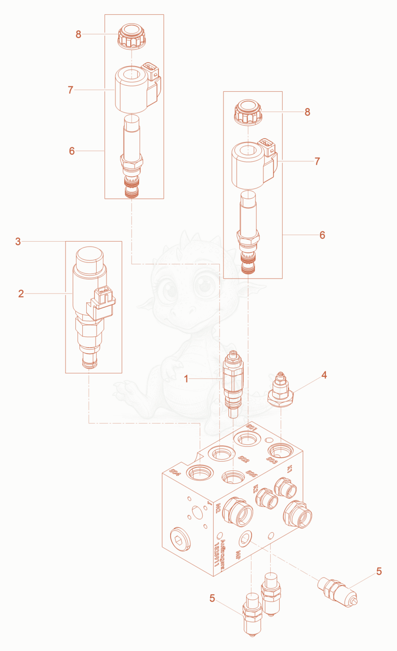 Exploded parts diagram of the Block-Hydraulic of a Wacker Neuson DPU100-70LES, with numbered balloons