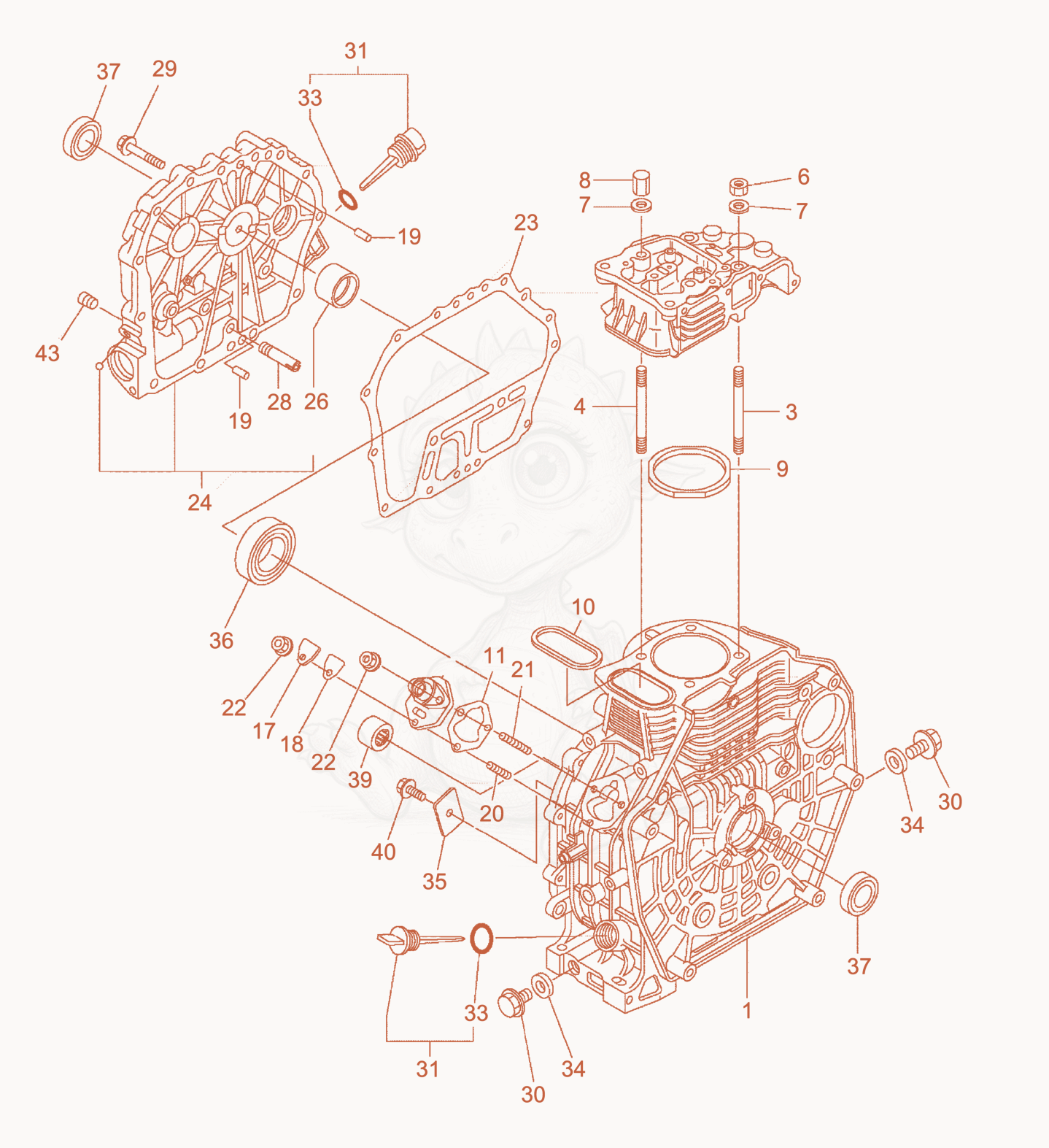 Despiece del Crankcase de una máquina Wacker Neuson DPU4045Y, con globos numerados