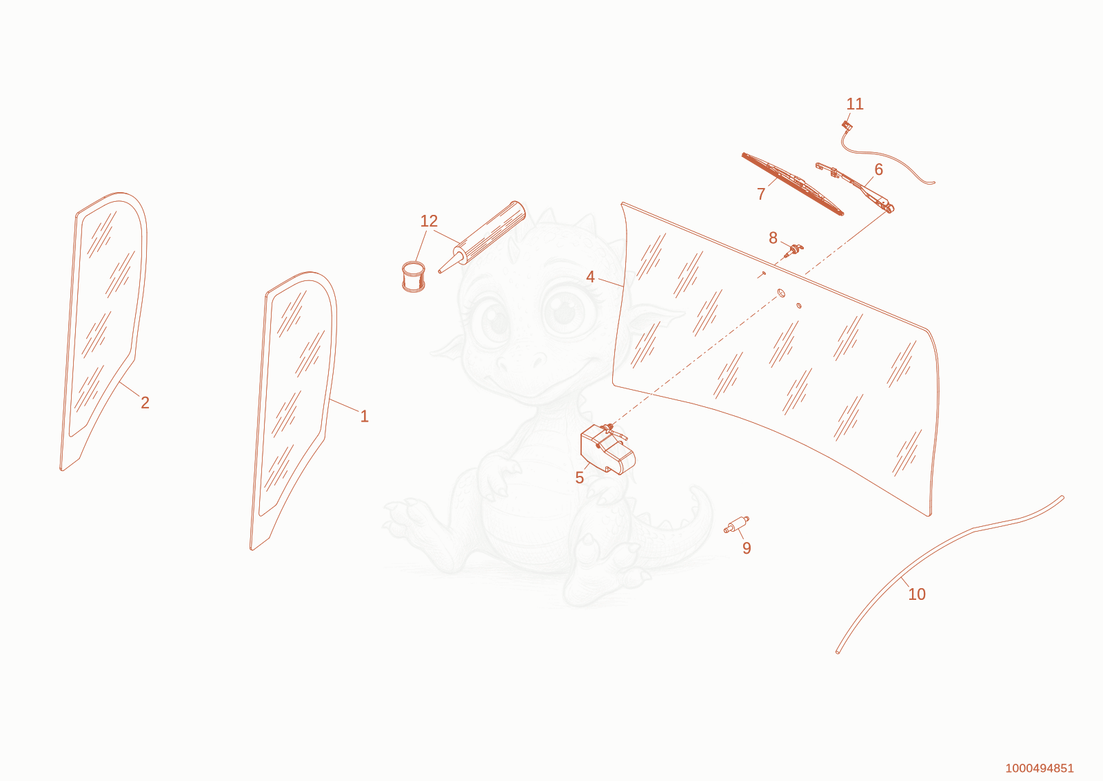 Exploded parts diagram of the rear window of a Wacker Neuson WL60T4F, with numbered balloons