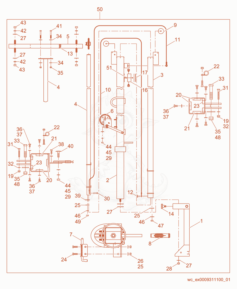 Exploded parts diagram of the Mast cpl./Manual Winch System of a Wacker Neuson LTC4L, with numbered balloons
