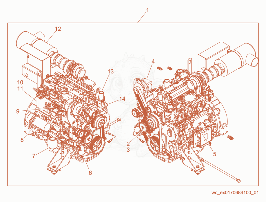 Exploded parts diagram of the Engine-Deere of a Wacker Neuson G120, with numbered balloons